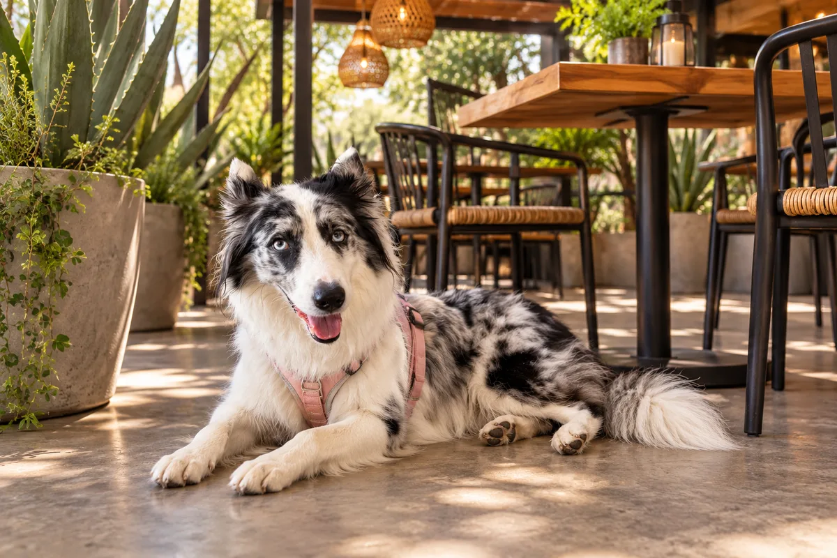 Recreación con IA de Avena, border collie blue merle, en una escena de restaurante para la ficha de Gaspar Bistró.