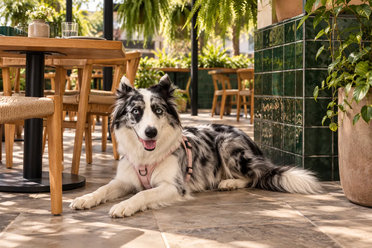 Recreación con IA de Avena, border collie blue merle, en una escena de restaurante para la ficha de Goya.