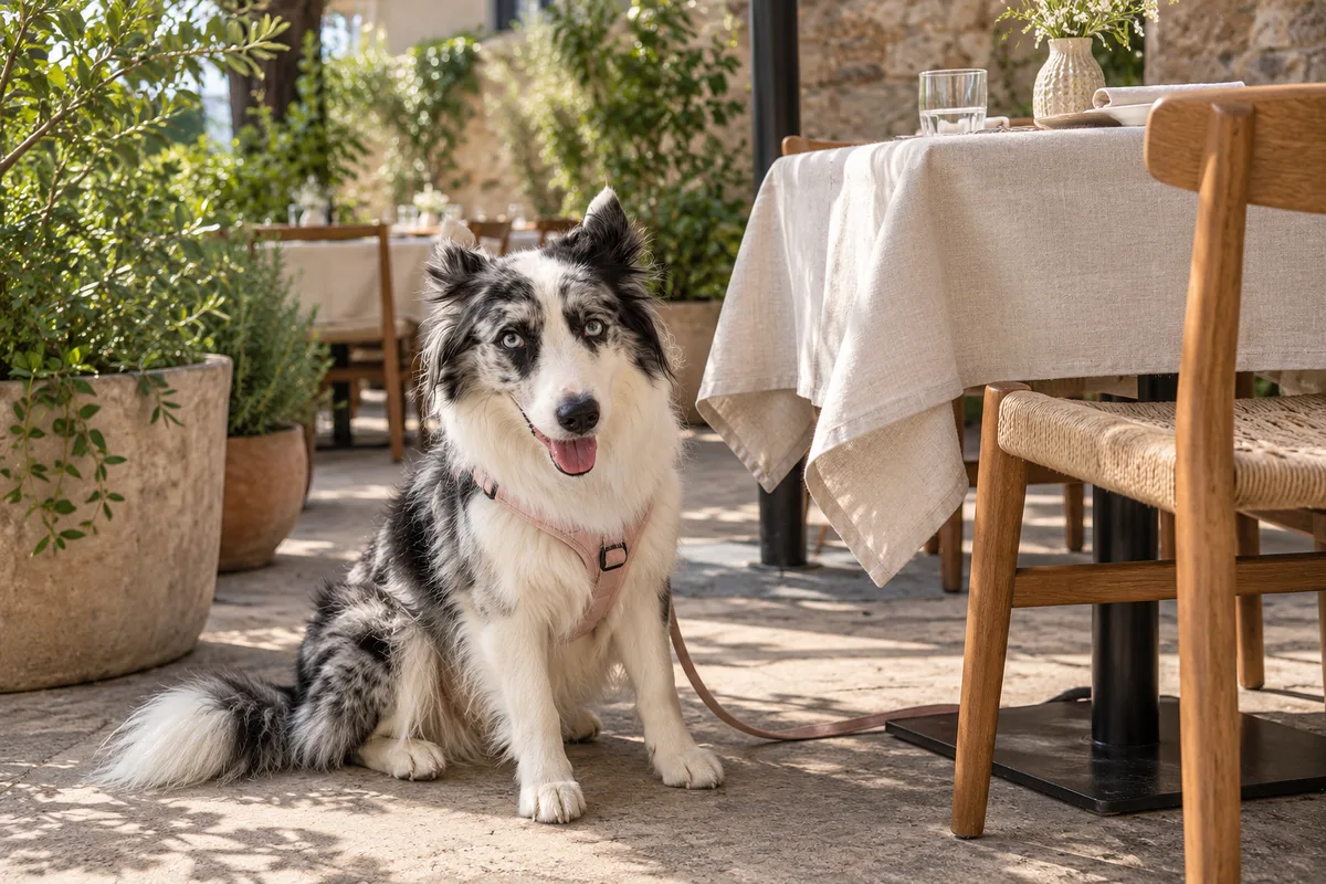 Recreación con IA de Avena, border collie blue merle, en una escena de restaurante para la ficha de Gulia Restaurante.