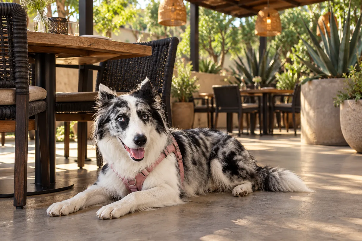 Recreación con IA de Avena, border collie blue merle, en una escena de restaurante para la ficha de IXTLE.