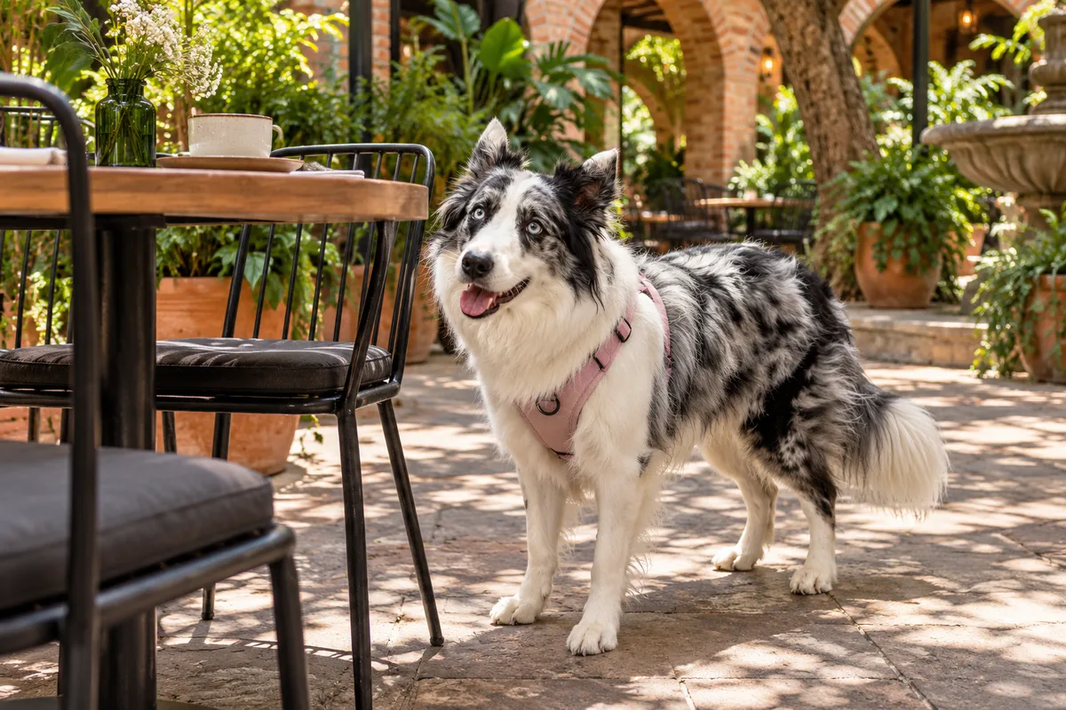 Recreación con IA de Avena, border collie blue merle, en una escena de restaurante para la ficha de Jardín Cafeto.