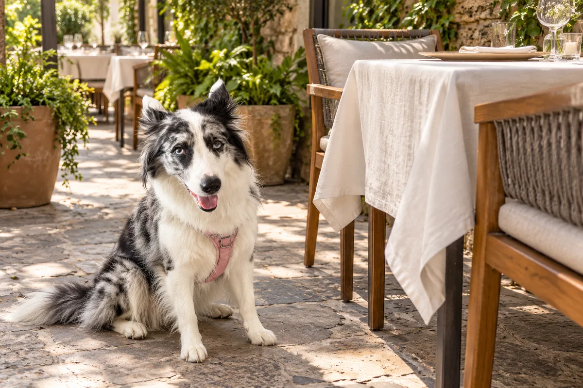 Recreación con IA de Avena, border collie blue merle, en una escena de restaurante para la ficha de Jardín Cafeto.