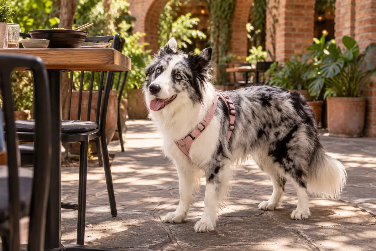Recreación con IA de Avena, border collie blue merle, en una escena de restaurante para la ficha de Jukino Ramen & Dumplings.