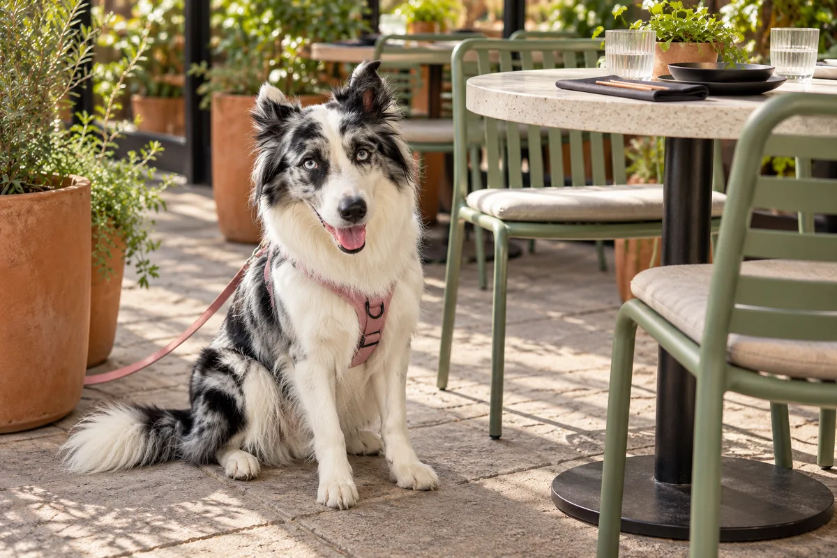 Recreación con IA de Avena, border collie blue merle, en una escena de restaurante para la ficha de Jukino Ramen & Dumplings.