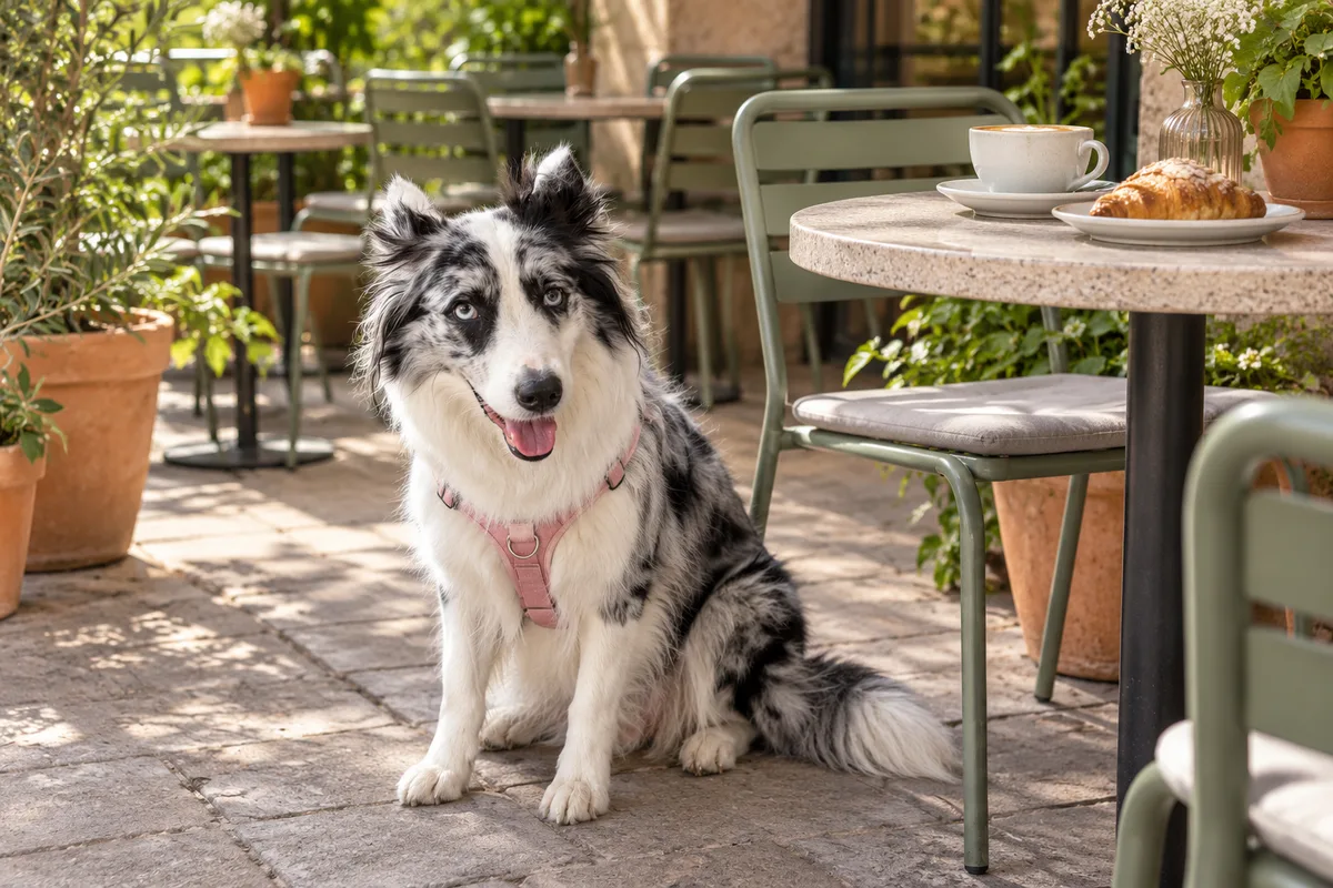 Recreación con IA de Avena, border collie blue merle, en una escena de restaurante para la ficha de Karmele.