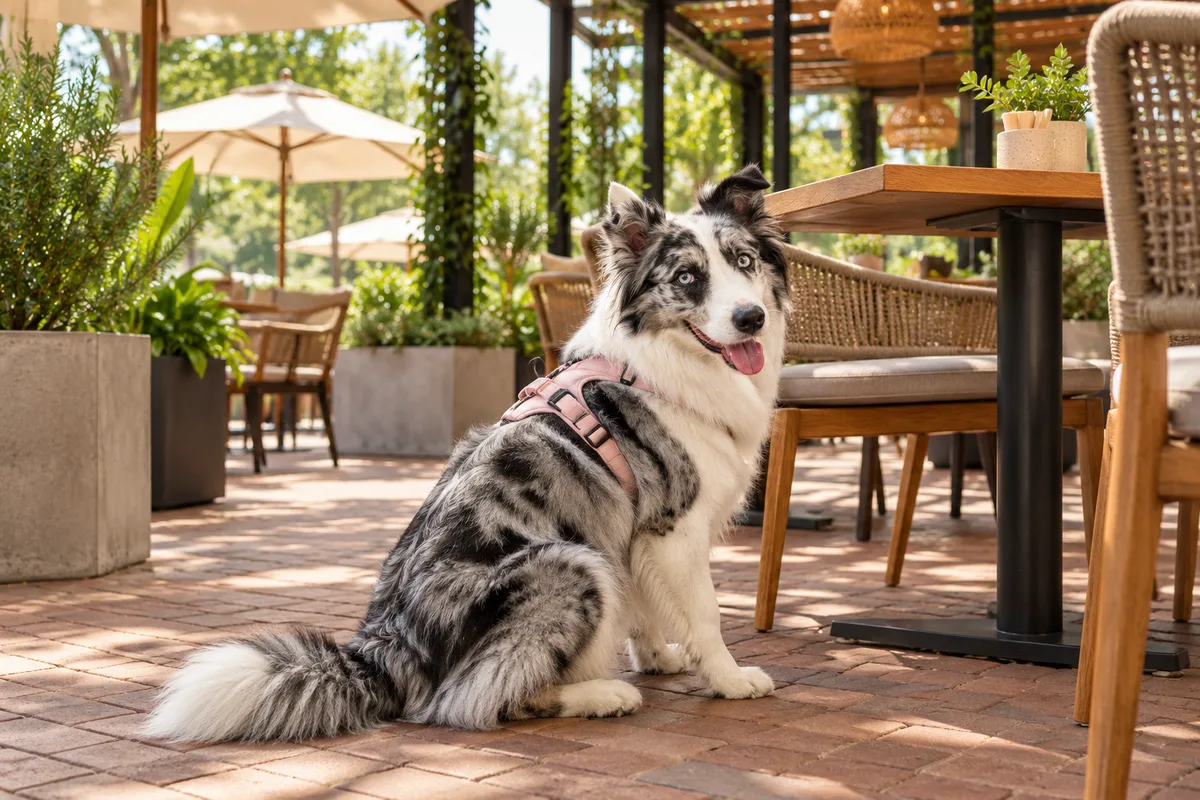 Recreación con IA de Avena, border collie blue merle, en una escena de restaurante para la ficha de Khai Poke & Milk Bar.