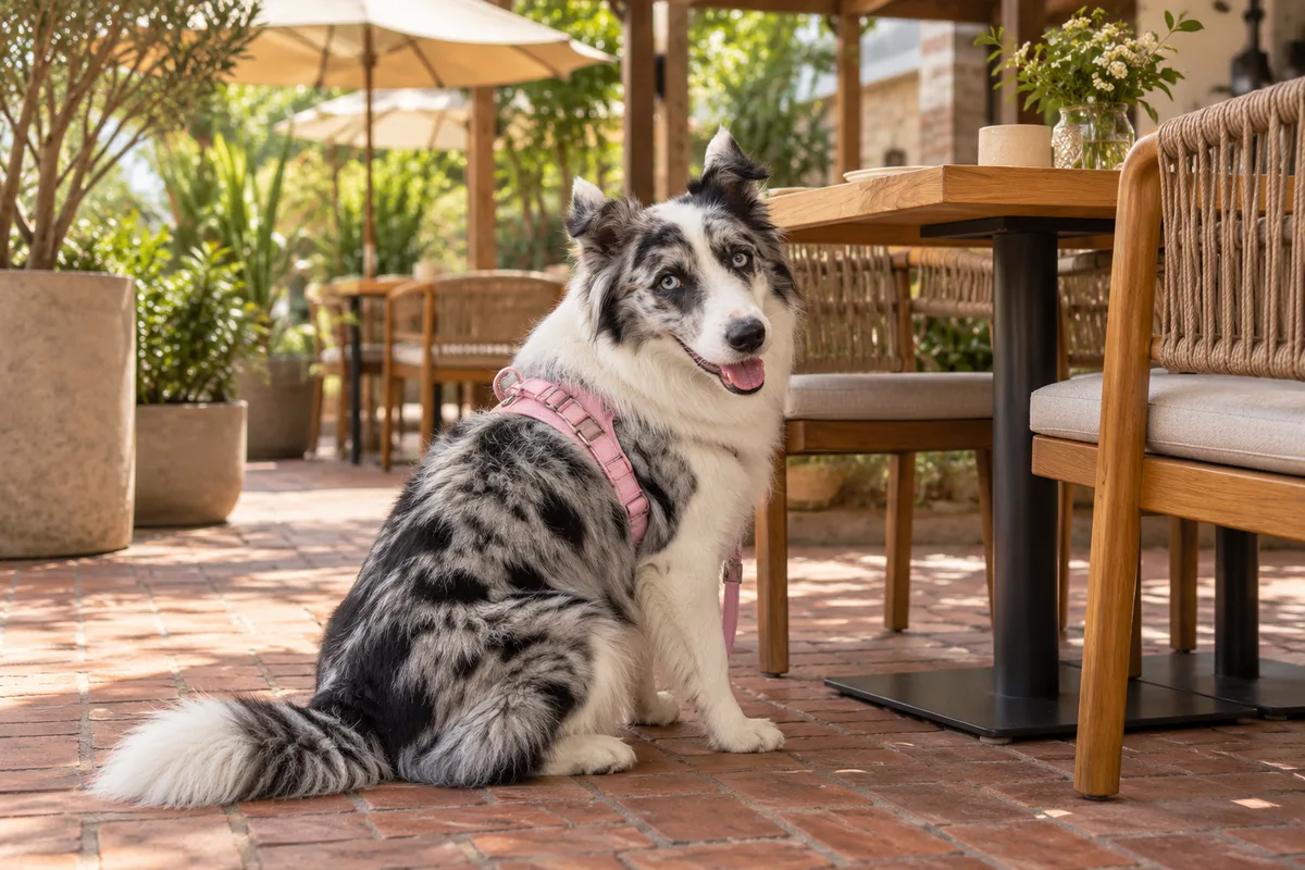 Recreación con IA de Avena, border collie blue merle, en una escena de restaurante para la ficha de La Antigua Waffles.