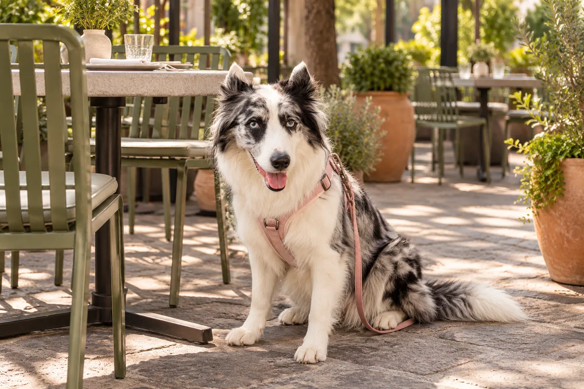 Recreación con IA de Avena, border collie blue merle, en una escena de restaurante para la ficha de La Bocha.