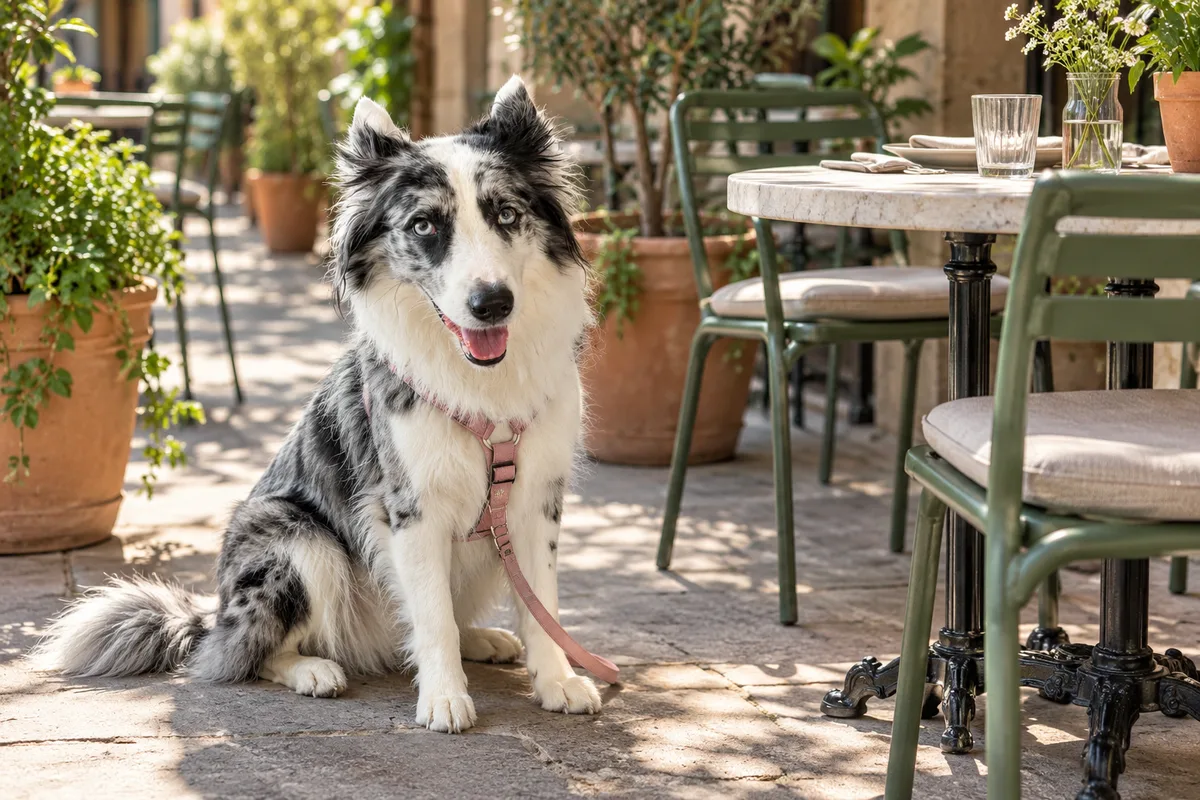 Recreación con IA de Avena, border collie blue merle, en una escena de restaurante para la ficha de La Bolognesa.