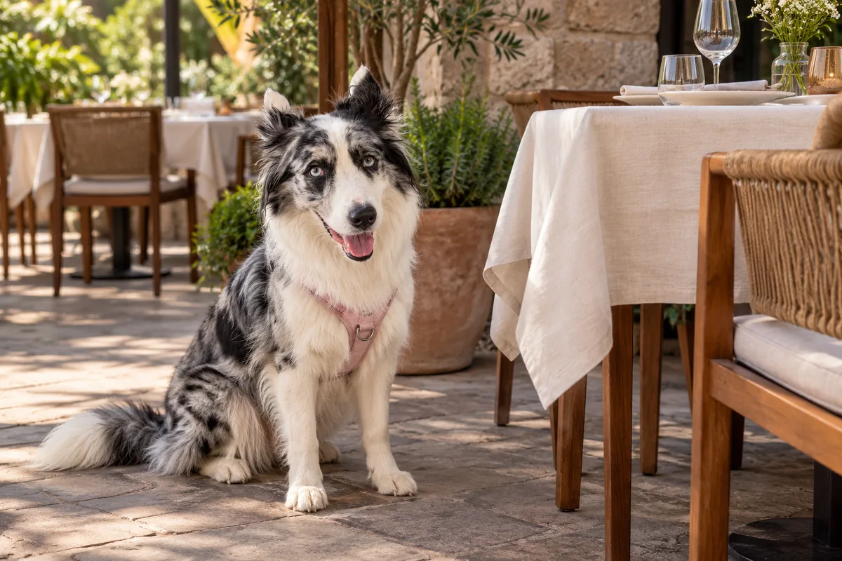 Recreación con IA de Avena, border collie blue merle, en una escena de restaurante para la ficha de La Casa del Quitapenas.