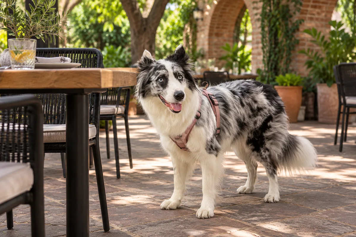Recreación con IA de Avena, border collie blue merle, en una escena de restaurante para la ficha de La Docena.