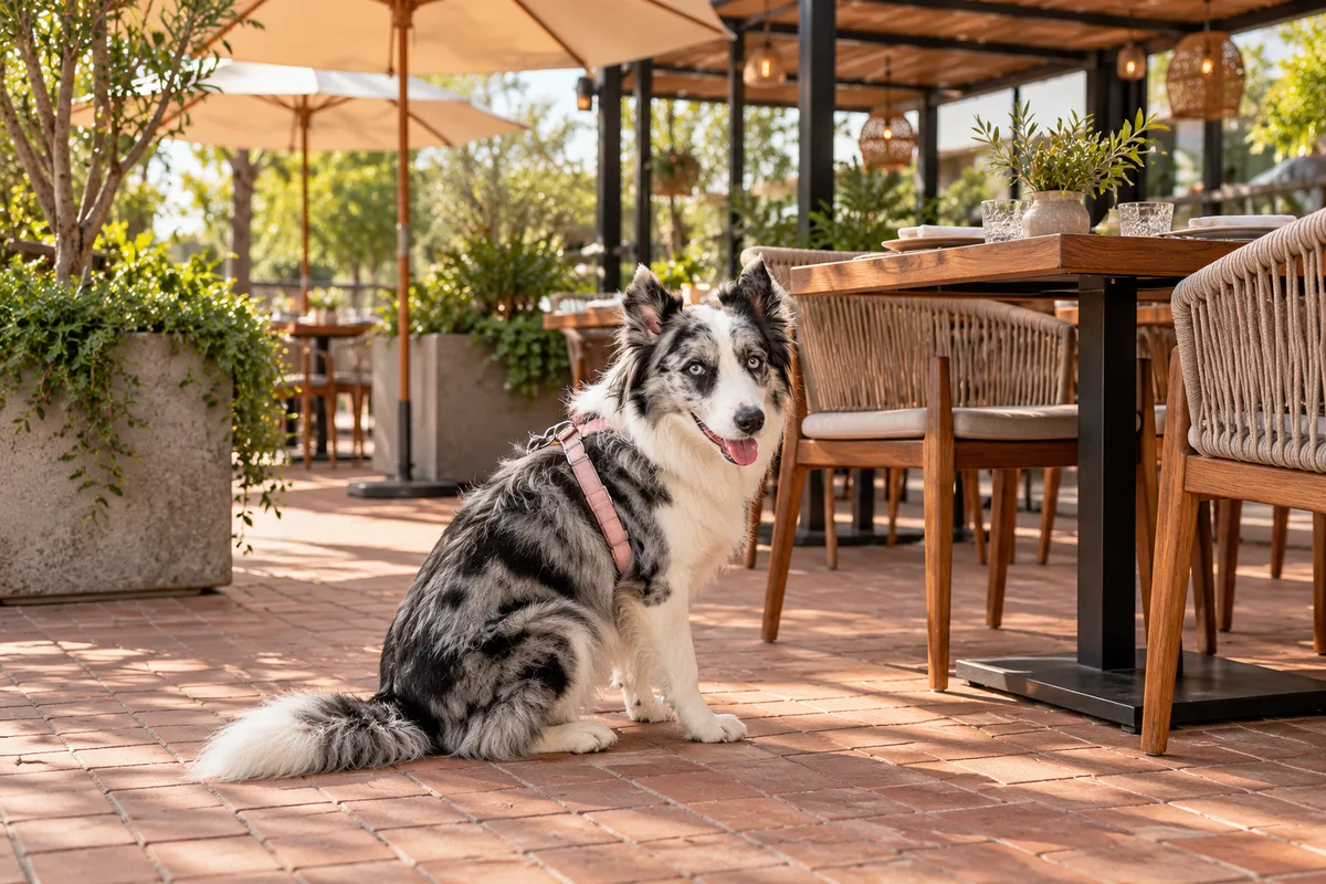 Recreación con IA de Avena, border collie blue merle, en una escena de restaurante para la ficha de La Mar.