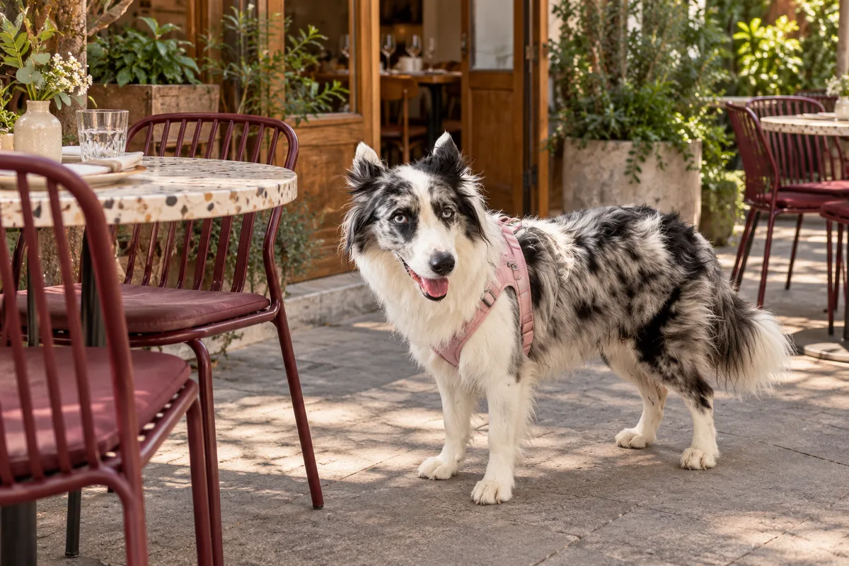 Recreación con IA de Avena, border collie blue merle, en una escena de restaurante para la ficha de La Moresca.