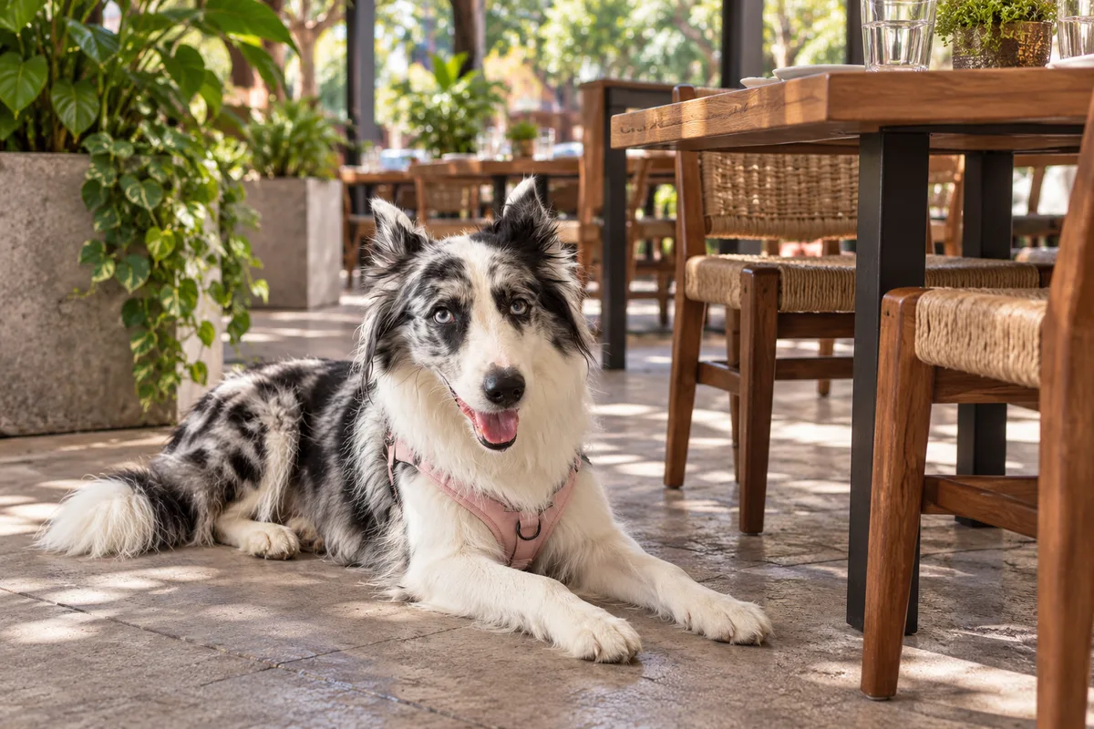 Recreación con IA de Avena, border collie blue merle, en una escena de restaurante para la ficha de La Panga del Impostor.