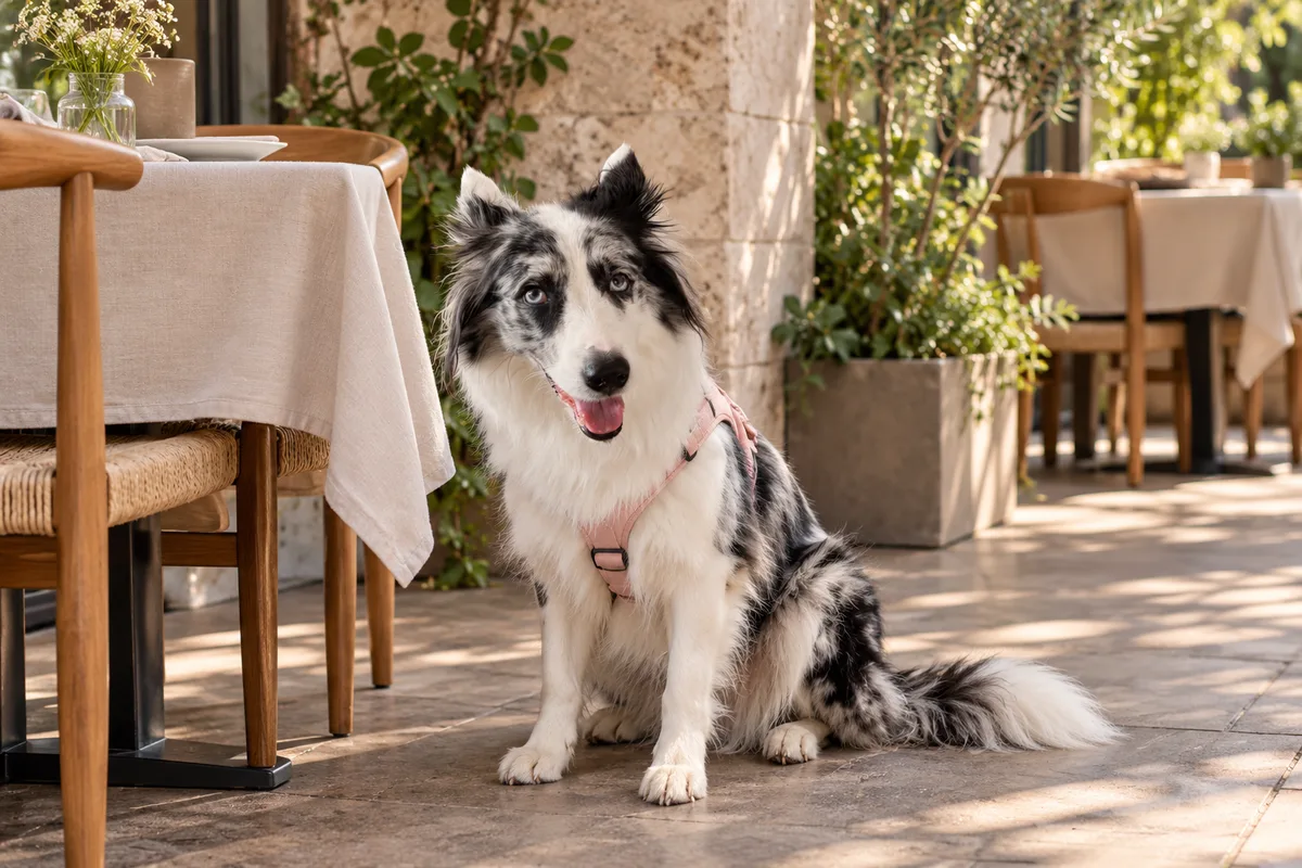Recreación con IA de Avena, border collie blue merle, en una escena de restaurante para la ficha de La Peltrería.