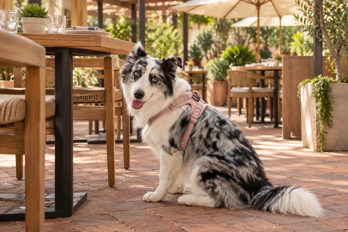 Recreación con IA de Avena, border collie blue merle, en una escena de restaurante para la ficha de La Quebradita Marisquería.