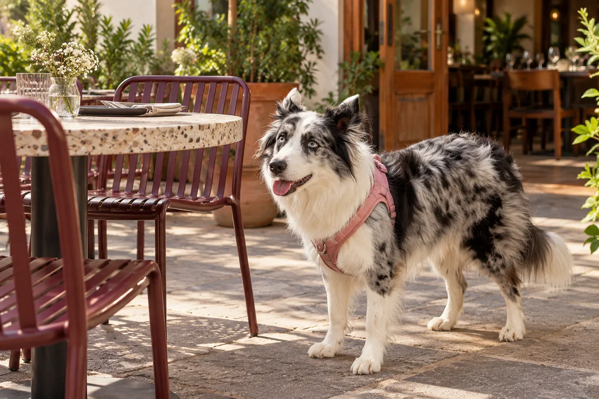 Recreación con IA de Avena, border collie blue merle, en una escena de restaurante para la ficha de La Res Pública.