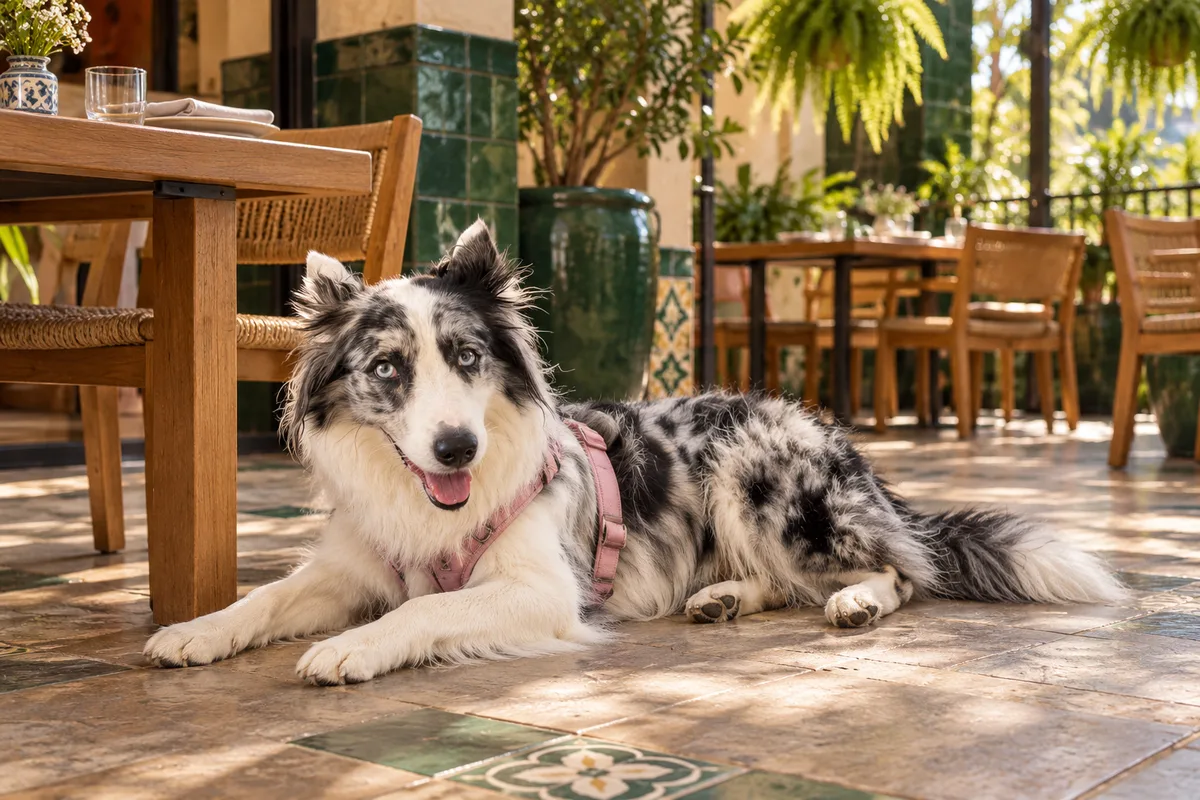 Recreación con IA de Avena, border collie blue merle, en una escena de restaurante para la ficha de La Tasca de Juano.