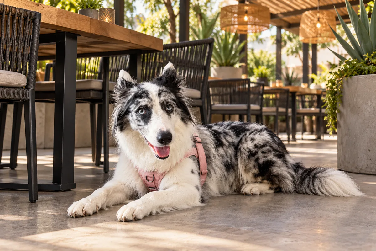 Recreación con IA de Avena, border collie blue merle, en una escena de restaurante para la ficha de La Vaka.