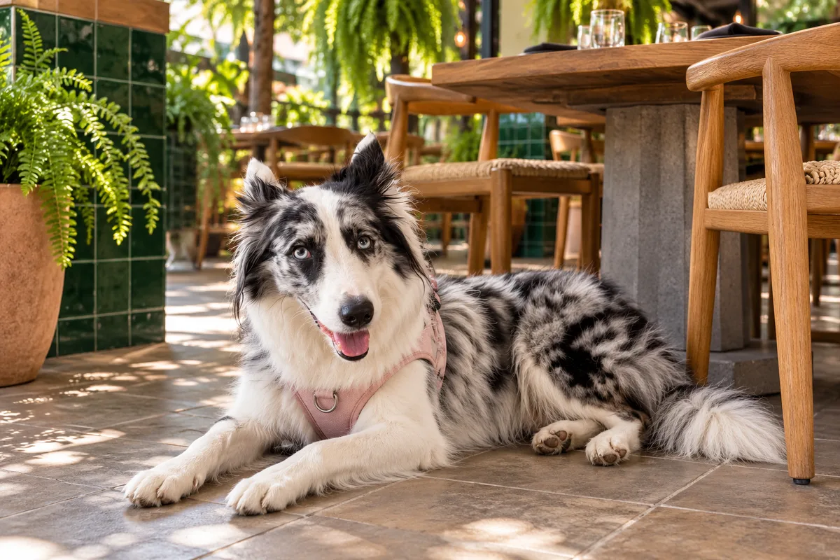 Recreación con IA de Avena, border collie blue merle, en una escena de restaurante para la ficha de Loba Restaurante.