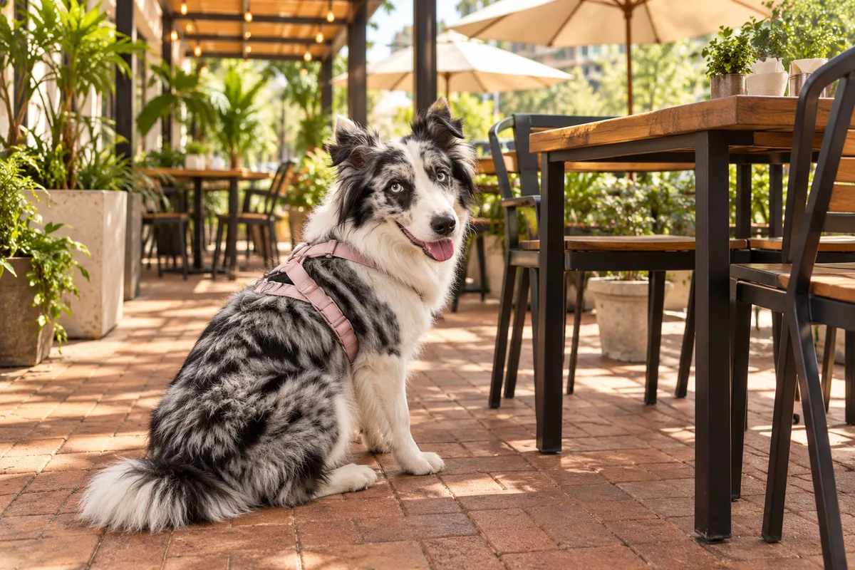 Recreación con IA de Avena, border collie blue merle, en una escena de restaurante para la ficha de Los de Guadalupe — Tacos Estilo Sinaloa.