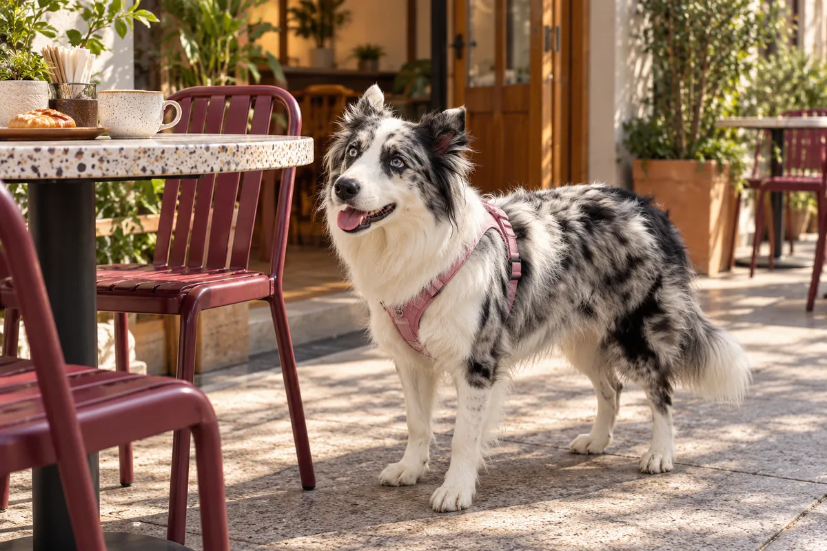 Recreación con IA de Avena, border collie blue merle, en una escena de restaurante para la ficha de Los Reyes del Café.