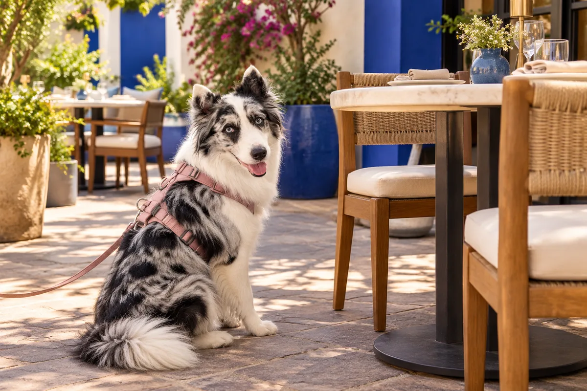 Recreación con IA de Avena, border collie blue merle, en una escena de restaurante para la ficha de Mantela Brasa & Mar.