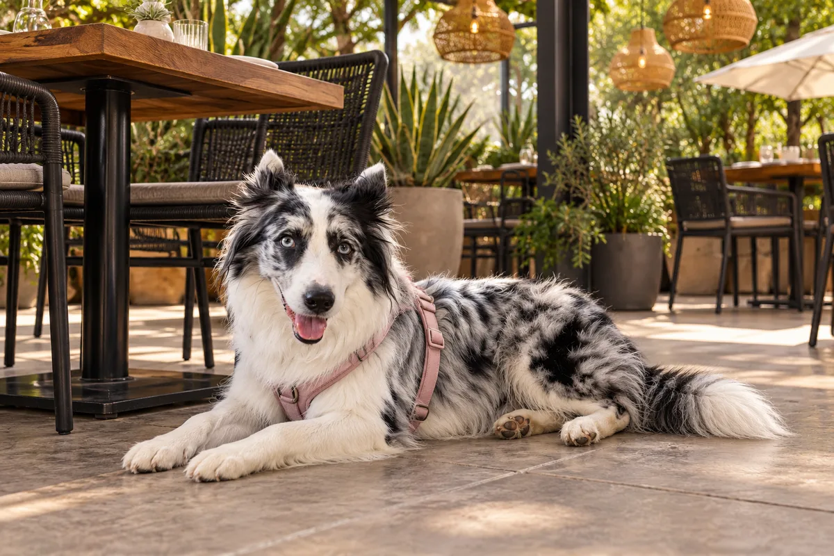 Recreación con IA de Avena, border collie blue merle, en una escena de restaurante para la ficha de Margherita Pizza y Vino.