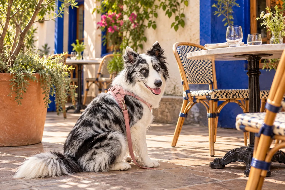 Recreación con IA de Avena, border collie blue merle, en una escena de restaurante para la ficha de Margherita Pizza y Vino.