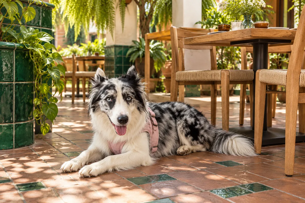 Recreación con IA de Avena, border collie blue merle, en una escena de restaurante para la ficha de Marina Heritage & Legacy.