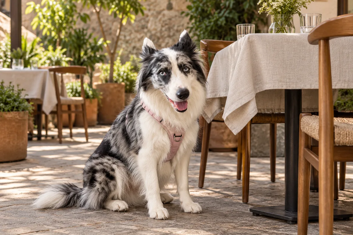 Recreación con IA de Avena, border collie blue merle, en una escena de restaurante para la ficha de Matraz Café.