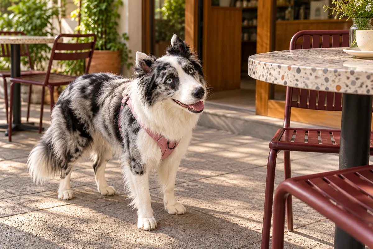 Recreación con IA de Avena, border collie blue merle, en una escena de restaurante para la ficha de Metódico Café.