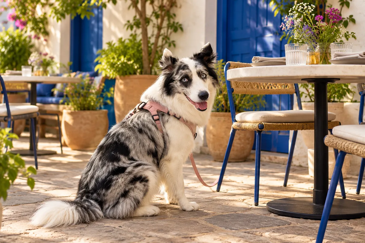 Recreación con IA de Avena, border collie blue merle, en una escena de restaurante para la ficha de Mutante Restaurante.