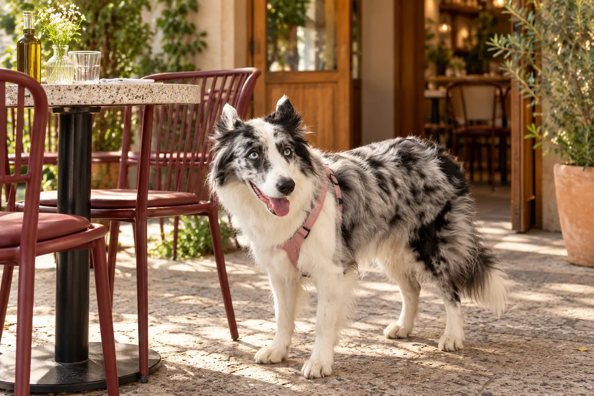 Recreación con IA de Avena, border collie blue merle, en una escena de restaurante para la ficha de Nápoles.