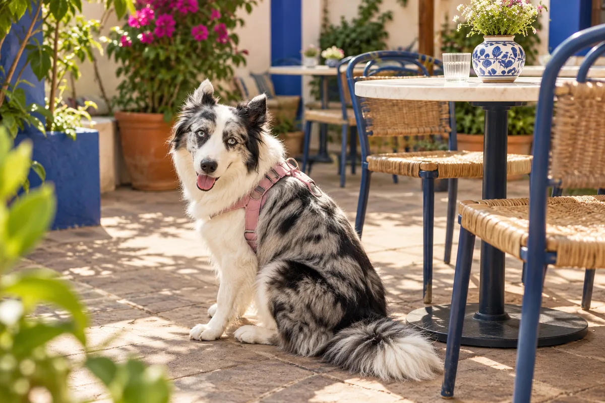 Recreación con IA de Avena, border collie blue merle, en una escena de restaurante para la ficha de Neretta Café & Gelato.