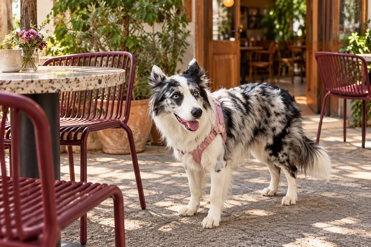 Recreación con IA de Avena, border collie blue merle, en una escena de restaurante para la ficha de Neretta Café & Gelato.