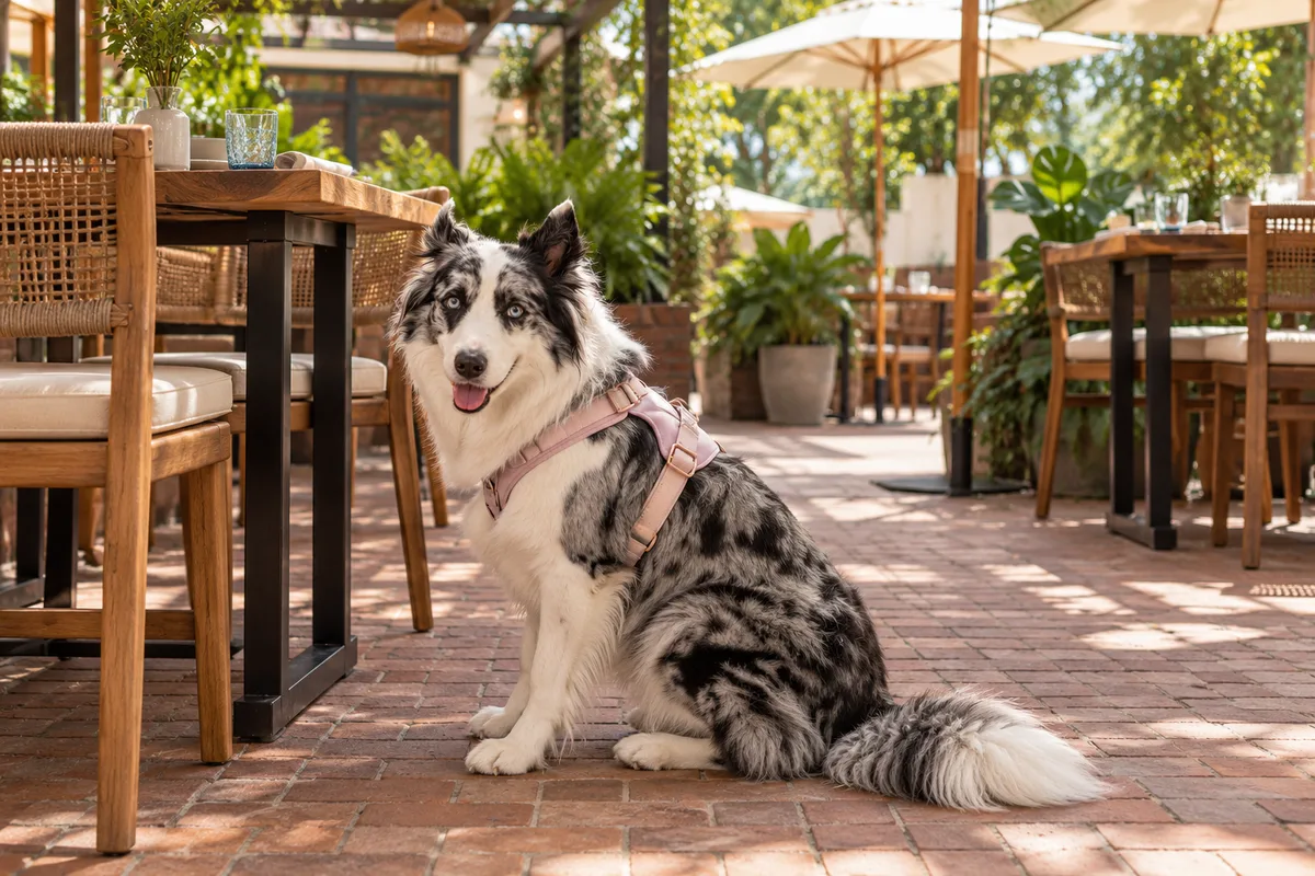Recreación con IA de Avena, border collie blue merle, en una escena de restaurante para la ficha de Octo Restaurante.