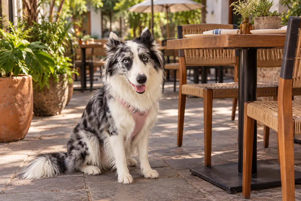 Recreación con IA de Avena, border collie blue merle, en una escena de restaurante para la ficha de palReal.