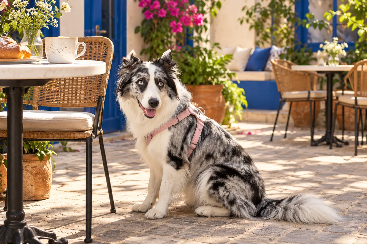 Recreación con IA de Avena, border collie blue merle, en una escena de restaurante para la ficha de Pata de Elefante.