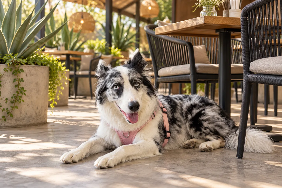Recreación con IA de Avena, border collie blue merle, en una escena de restaurante para la ficha de Pata de Elefante.