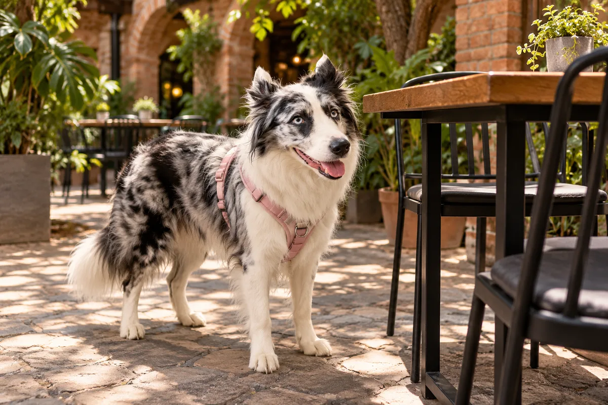 Recreación con IA de Avena, border collie blue merle, en una escena de restaurante para la ficha de Patán Ale House.