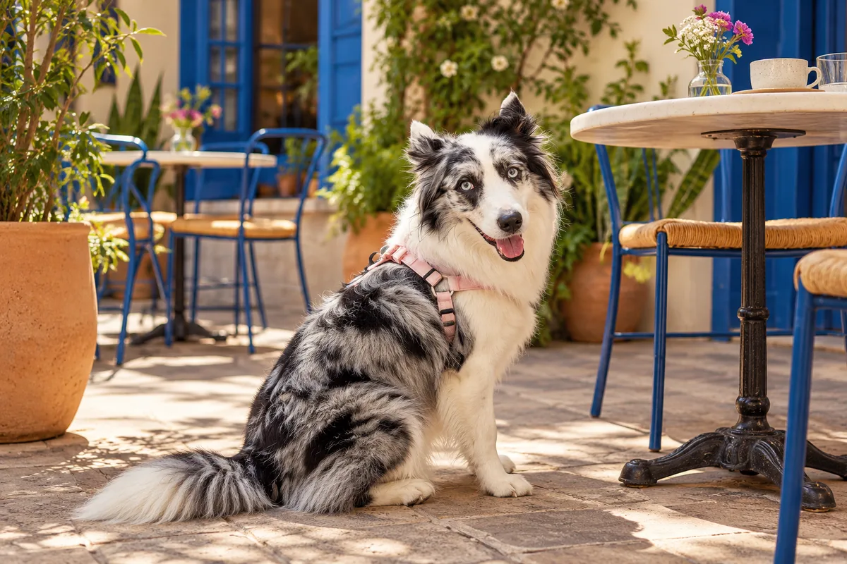 Recreación con IA de Avena, border collie blue merle, en una escena de restaurante para la ficha de Peligro Bien Rico.