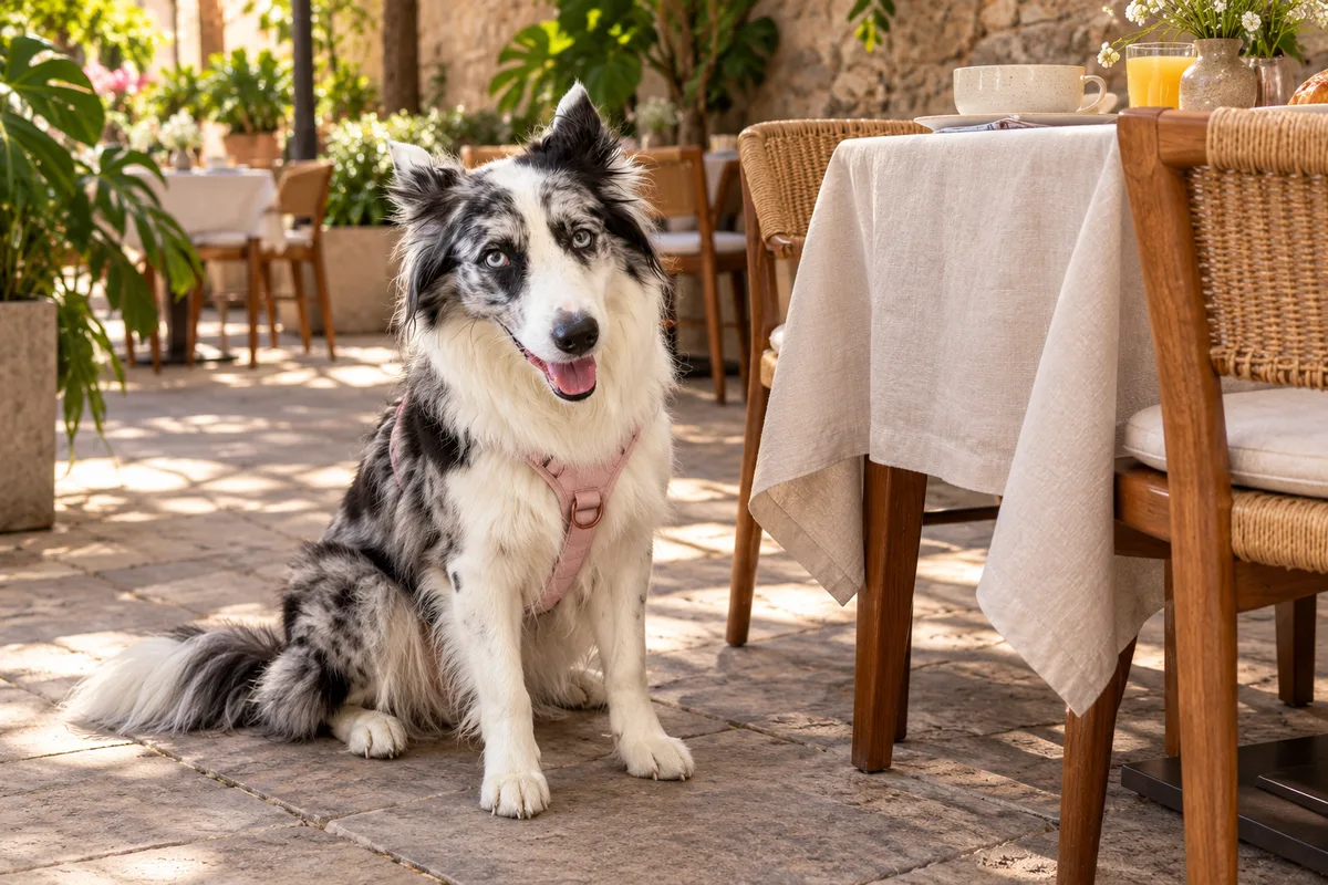 Recreación con IA de Avena, border collie blue merle, en una escena de restaurante para la ficha de Piggy Back.