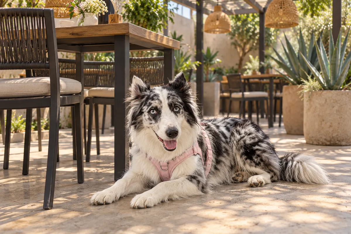 Recreación con IA de Avena, border collie blue merle, en una escena de restaurante para la ficha de Pigmento Café.
