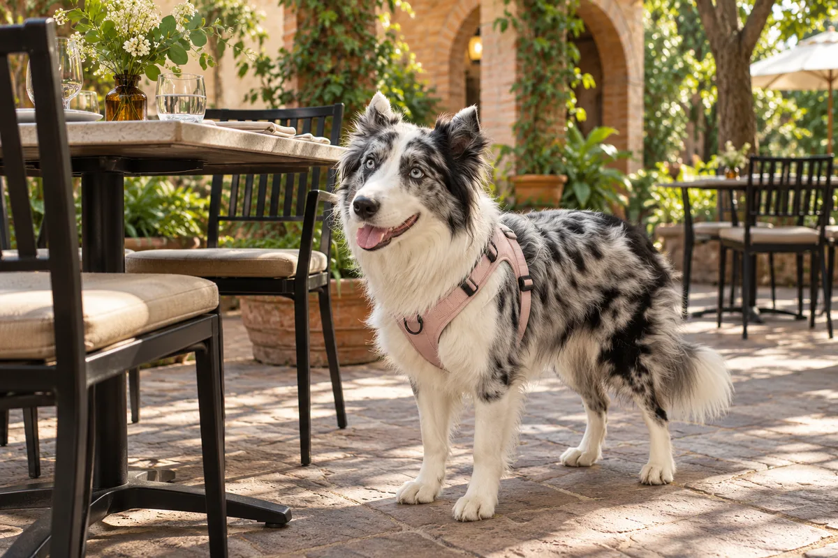 Recreación con IA de Avena, border collie blue merle, en una escena de restaurante para la ficha de Prímula Bistro.