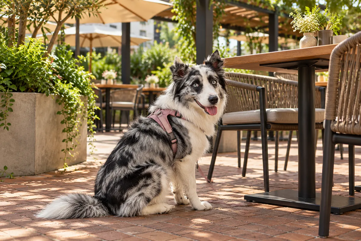 Recreación con IA de Avena, border collie blue merle, en una escena de restaurante para la ficha de Rayo Café.