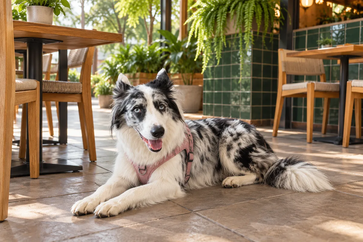 Recreación con IA de Avena, border collie blue merle, en una escena de restaurante para la ficha de Red’s Burger Shop.