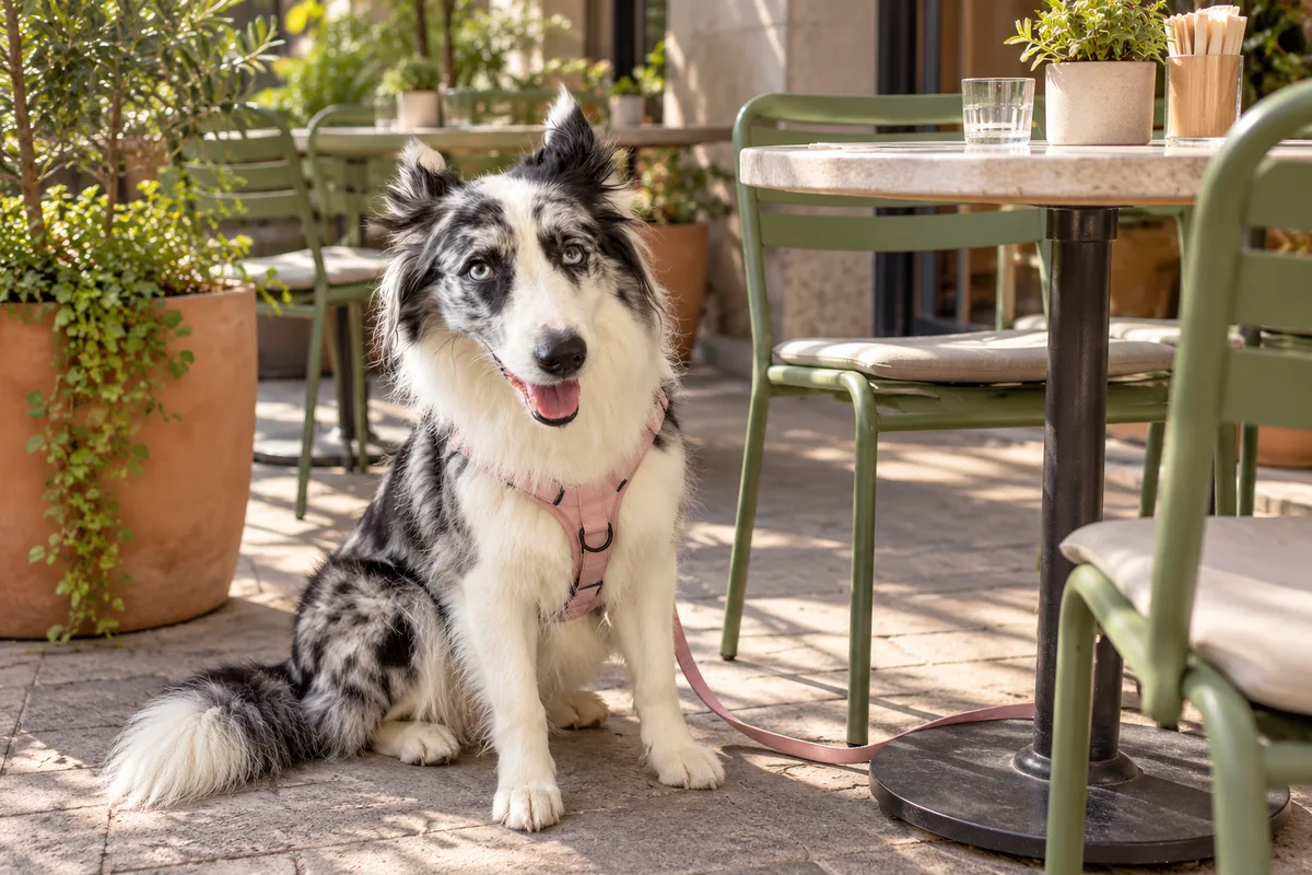 Recreación con IA de Avena, border collie blue merle, en una escena de restaurante para la ficha de Rin Tin Tin Café.