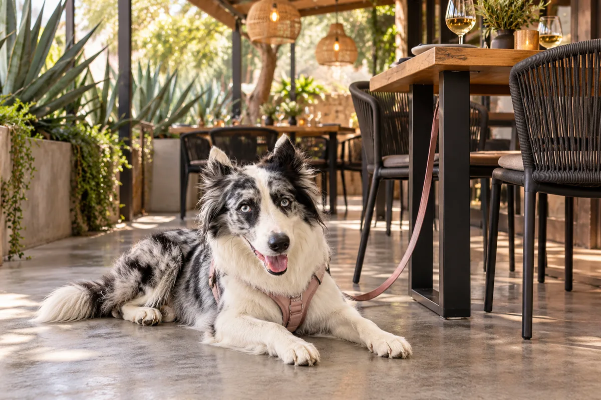 Recreación con IA de Avena, border collie blue merle, en una escena de restaurante para la ficha de Romea Winebar.