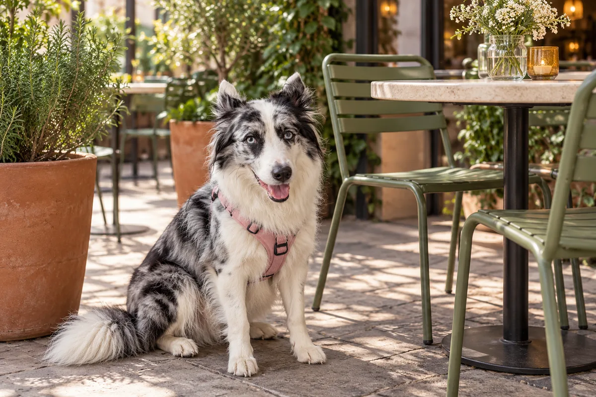 Recreación con IA de Avena, border collie blue merle, en una escena de restaurante para la ficha de ROTO Café & Vino.